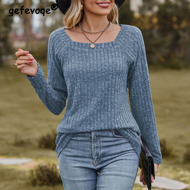 Fall Tops- Women Square Neck Ribbed Top for Casual Fall Days- - IndioGear.com