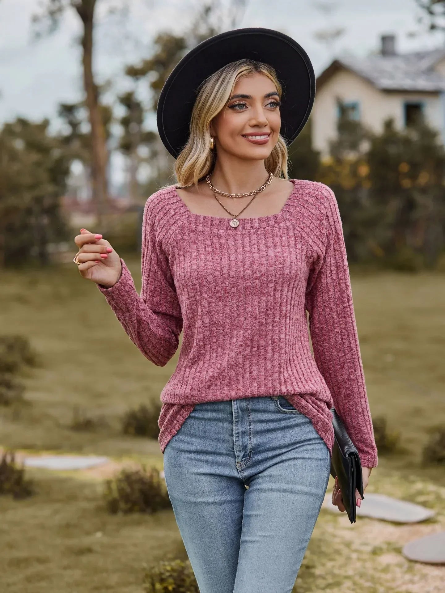 Fall Tops- Women Square Neck Ribbed Top for Casual Fall Days- - IndioGear.com