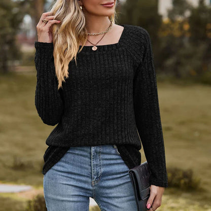 Fall Tops- Women Square Neck Ribbed Top for Casual Fall Days- Black- IndioGear.com