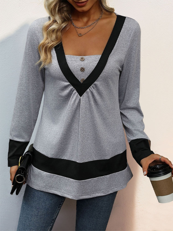 Fall Tops- Women V-Neck Color Block Fall Top- - IndioGear.com