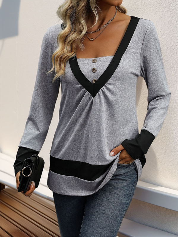 Fall Tops- Women V-Neck Color Block Fall Top- - IndioGear.com