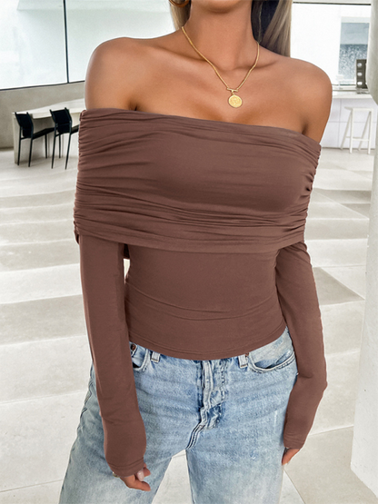 Fall Tops- Women's Essential Slim Fit Off-Shoulder Fall Top- Brown- IndioGear.com