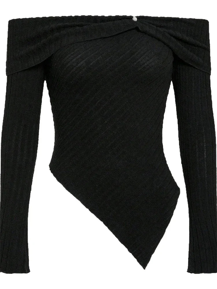 Fall Tops- Women's Off-Shoulder Knot-Side Asymmetric Knit Fall Top- Black- IndioGear.com