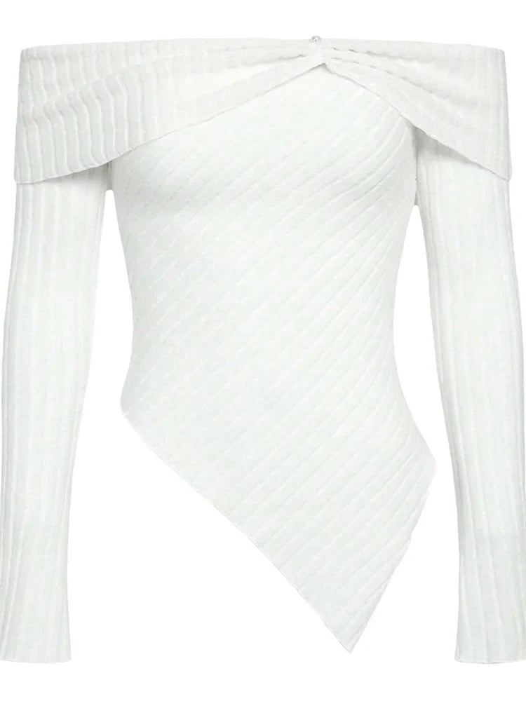 Fall Tops- Women's Off-Shoulder Knot-Side Asymmetric Knit Fall Top- White- IndioGear.com