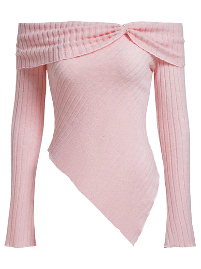 Fall Tops- Women's Off-Shoulder Knot-Side Asymmetric Knit Fall Top- Pink- IndioGear.com