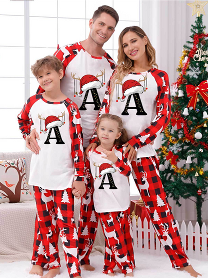 Family Pajamas- Pajamas Family Set: Santa’s Hat Alphabet Printed- Red- IndioGear.com