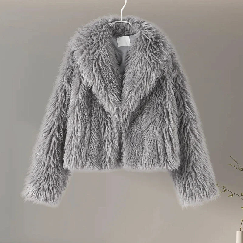 Faux Fur Jackets- Chic Shaggy Charm Jacket Faux Fur- Gray- IndioGear.com