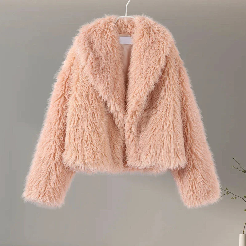 Faux Fur Jackets- Chic Shaggy Charm Jacket Faux Fur- Warming Peach- IndioGear.com