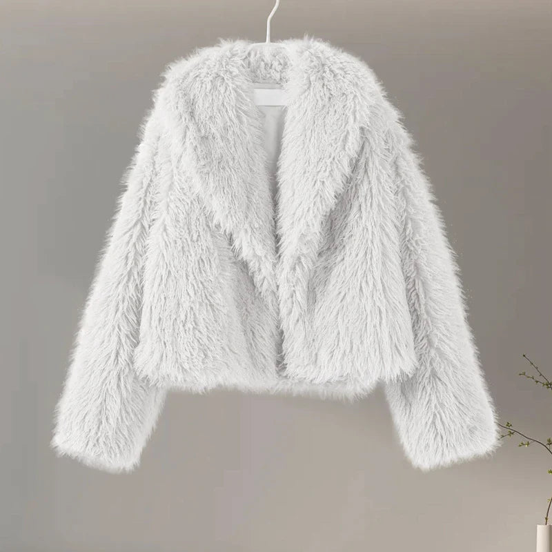 Faux Fur Jackets- Chic Shaggy Charm Jacket Faux Fur- White- IndioGear.com