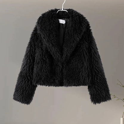 Faux Fur Jackets- Chic Shaggy Charm Jacket Faux Fur- Black 1- IndioGear.com