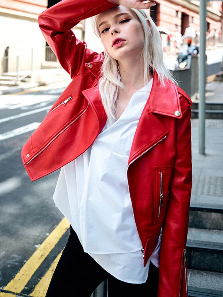 Faux Leather Jackets- Edgy Red Biker Jacket PU Leather Autumn Outerwear- - IndioGear Women Clothing