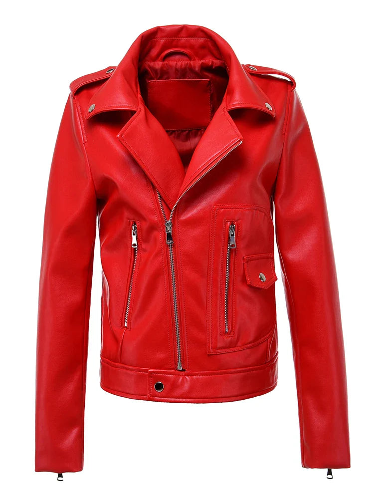 Faux Leather Jackets- Edgy Red Biker Jacket PU Leather Autumn Outerwear- - IndioGear Women Clothing