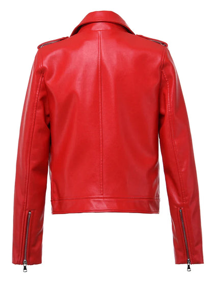 Faux Leather Jackets- Edgy Red Biker Jacket PU Leather Autumn Outerwear- - IndioGear Women Clothing