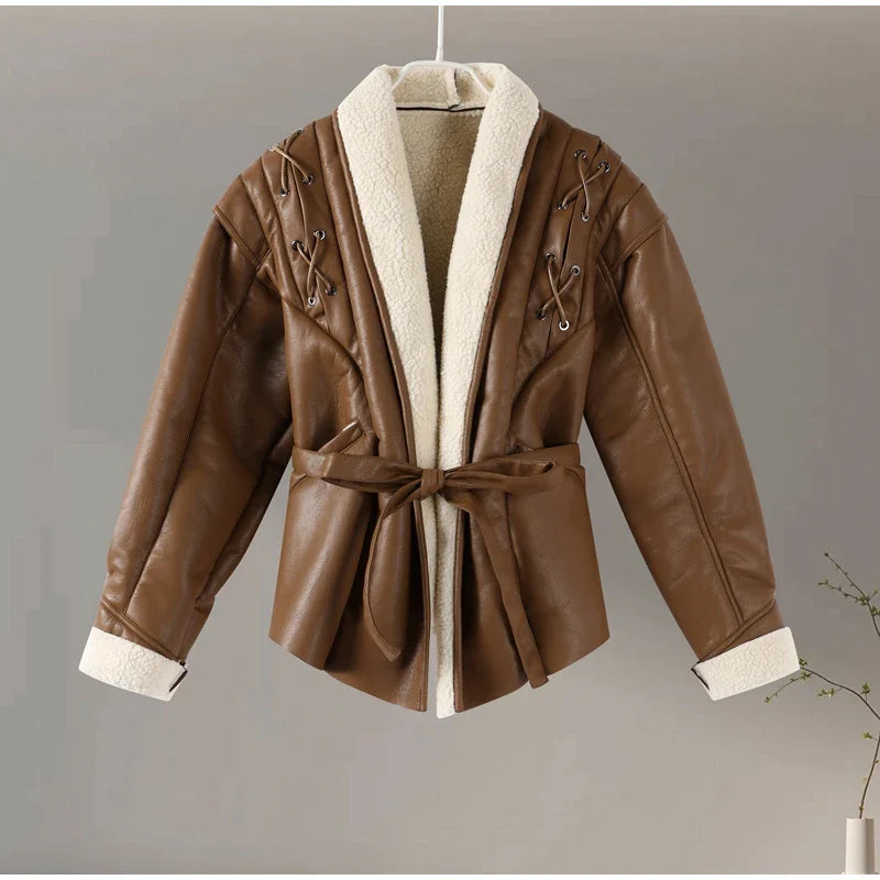 Faux Leather Jackets- Faux Leather Jacket with Teddy Fur Lined- - IndioGear Women Clothing