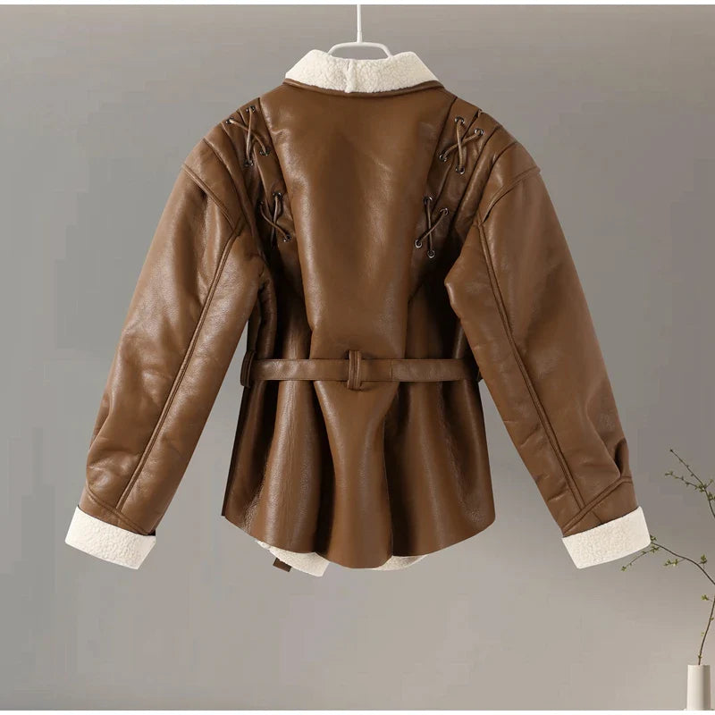 Faux Leather Jackets- Faux Leather Jacket with Teddy Fur Lined- - IndioGear Women Clothing