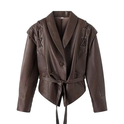 Faux Leather Jackets- Faux Leather Jacket with Teddy Fur Lined- Brown B- IndioGear Women Clothing