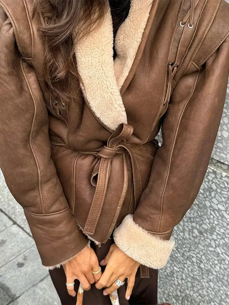 Faux Leather Jackets- Faux Leather Jacket with Teddy Fur Lined- - IndioGear Women Clothing