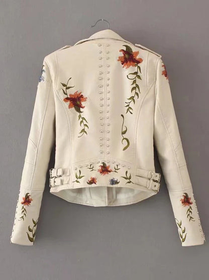 Faux Leather Jackets- Floral Embroidered Faux Leather Moto Jacket- - IndioGear.com