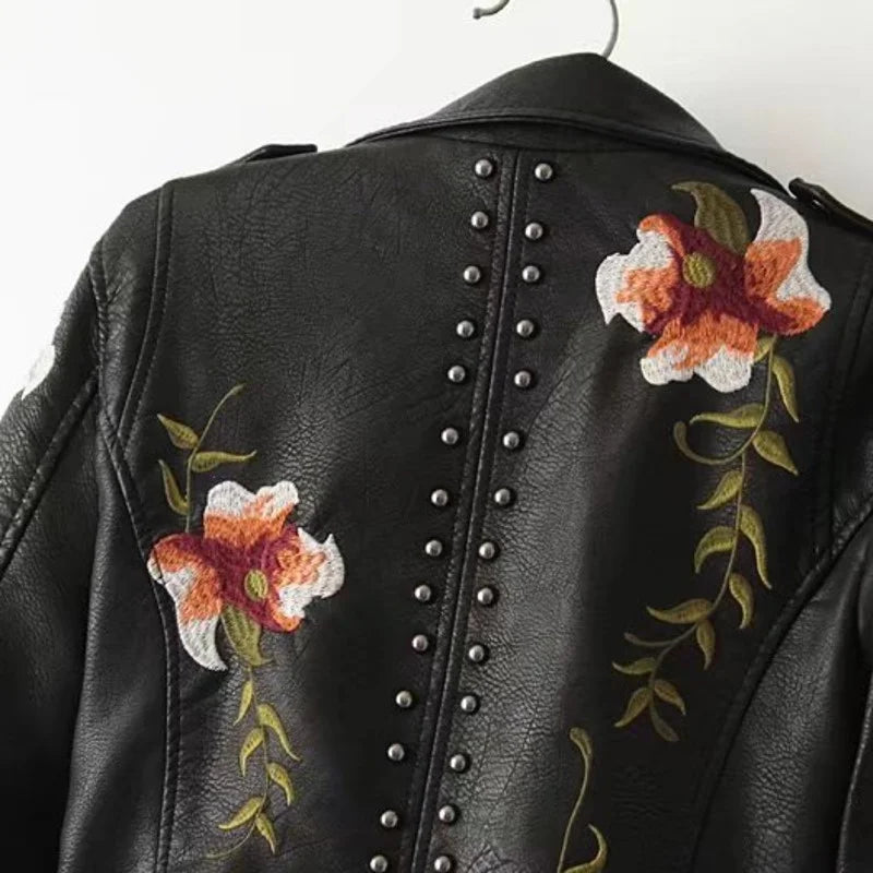 Faux Leather Jackets- Floral Embroidered Faux Leather Moto Jacket- - IndioGear.com