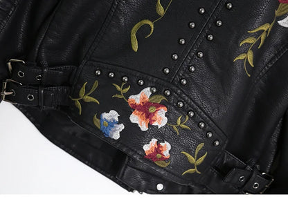 Faux Leather Jackets- Floral Embroidered Faux Leather Moto Jacket- - IndioGear.com