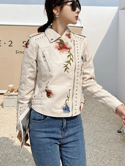 Faux Leather Jackets- Floral Embroidered Faux Leather Moto Jacket- - IndioGear.com