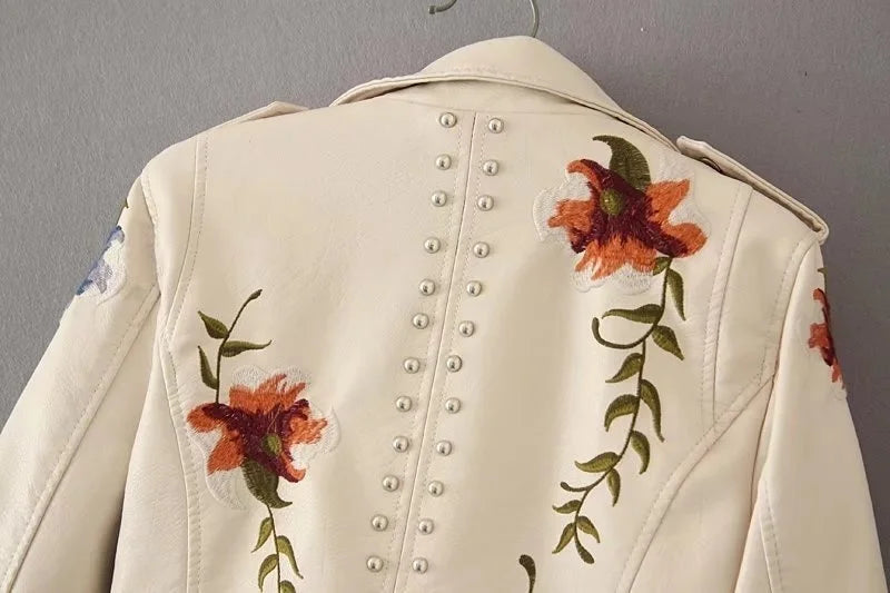 Faux Leather Jackets- Floral Embroidered Faux Leather Moto Jacket- - IndioGear.com