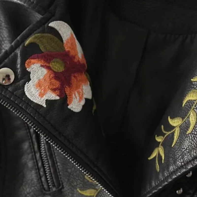 Faux Leather Jackets- Floral Embroidered Faux Leather Moto Jacket- - IndioGear.com