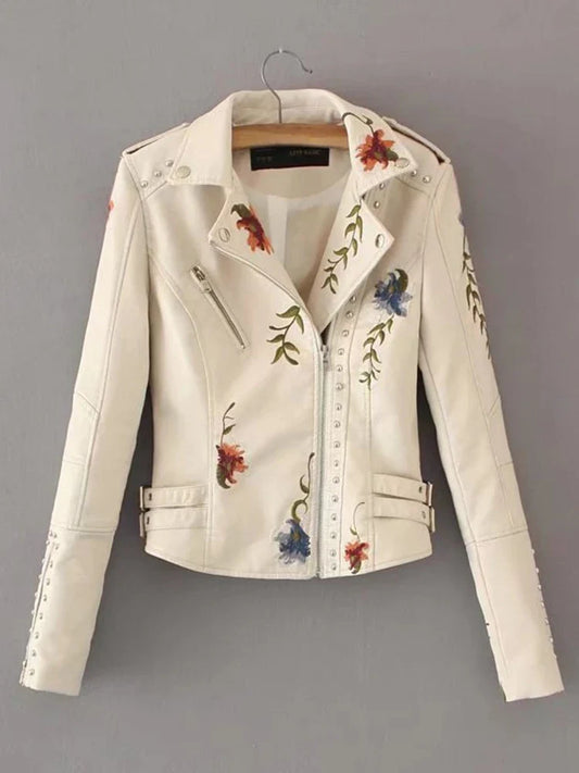 Faux Leather Jackets- Floral Embroidered Faux Leather Moto Jacket- Beige- IndioGear.com