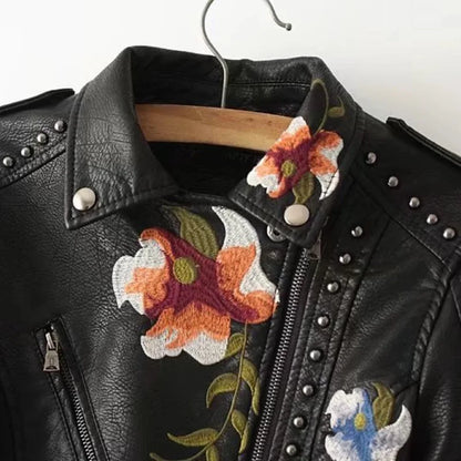 Faux Leather Jackets- Floral Embroidered Faux Leather Moto Jacket- - IndioGear.com