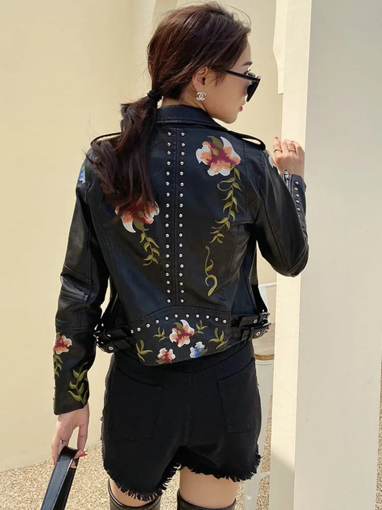 Faux Leather Jackets- Floral Embroidered Faux Leather Moto Jacket- - IndioGear.com