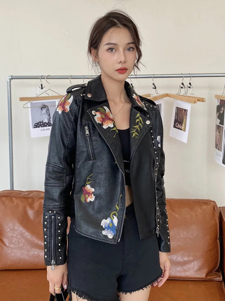 Faux Leather Jackets- Floral Embroidered Faux Leather Moto Jacket- - IndioGear.com