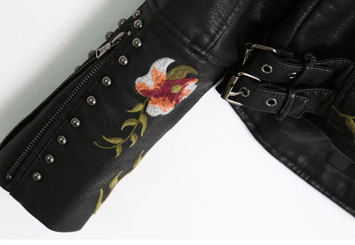 Faux Leather Jackets- Floral Embroidered Faux Leather Moto Jacket- - IndioGear.com