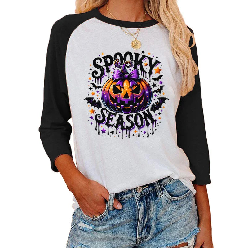 Festive Printed Shirts- Trick-or-Treat Trove Raglan T-Shirt- Pattern16- IndioGear.com