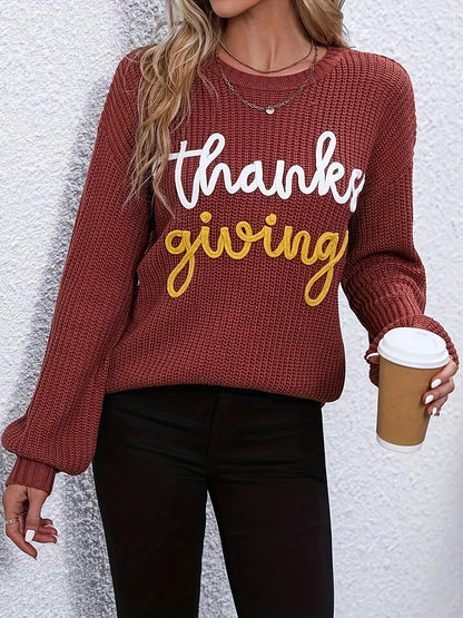 Festive Pullover Sweaters- Thanksgiving Cheers Rust Red Knit Sweater- - IndioGear.com