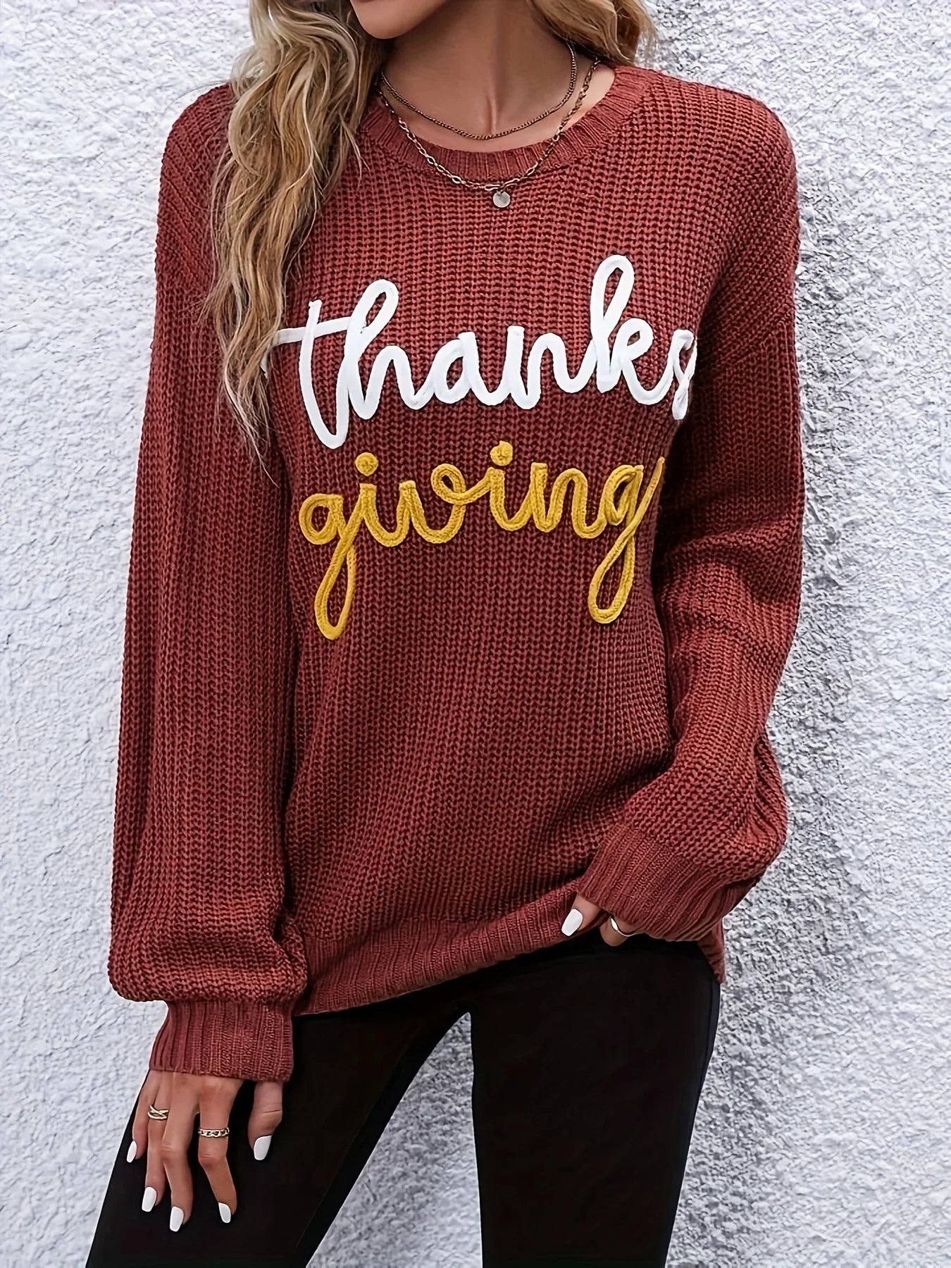 Festive Pullover Sweaters- Thanksgiving Cheers Rust Red Knit Sweater- - IndioGear.com