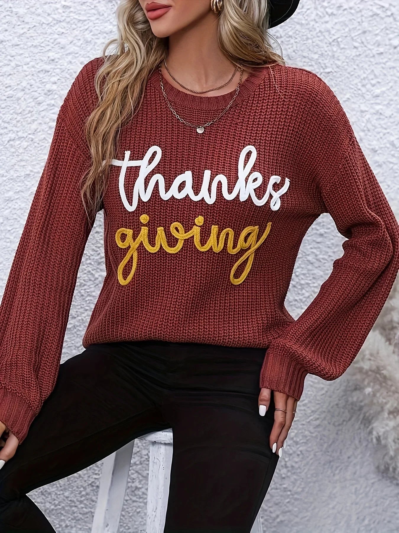 Festive Pullover Sweaters- Thanksgiving Cheers Rust Red Knit Sweater- Red Oxide- IndioGear.com