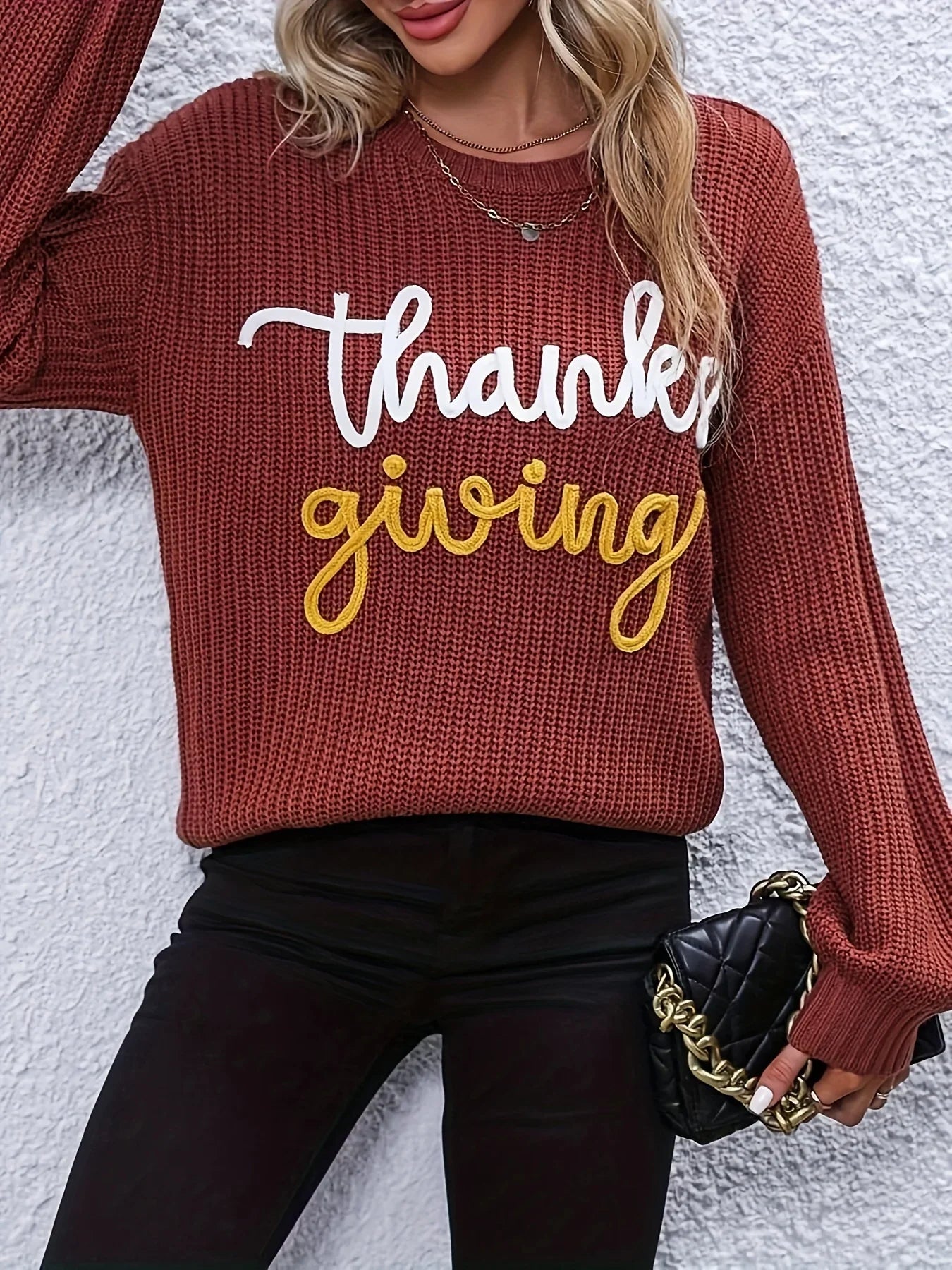 Festive Pullover Sweaters- Thanksgiving Cheers Rust Red Knit Sweater- - IndioGear.com