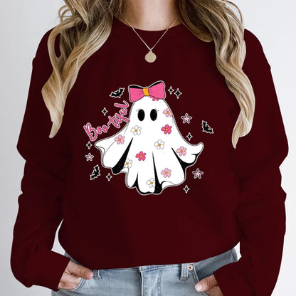 Festive Pullover Sweatshirts- Cute Halloween Ghost Print Sweatshirt - Spooky & Sweet- Burgundy- IndioGear.com