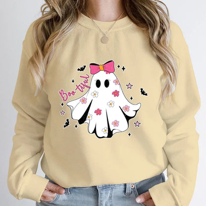 Festive Pullover Sweatshirts- Cute Halloween Ghost Print Sweatshirt - Spooky & Sweet- Khaki- IndioGear.com