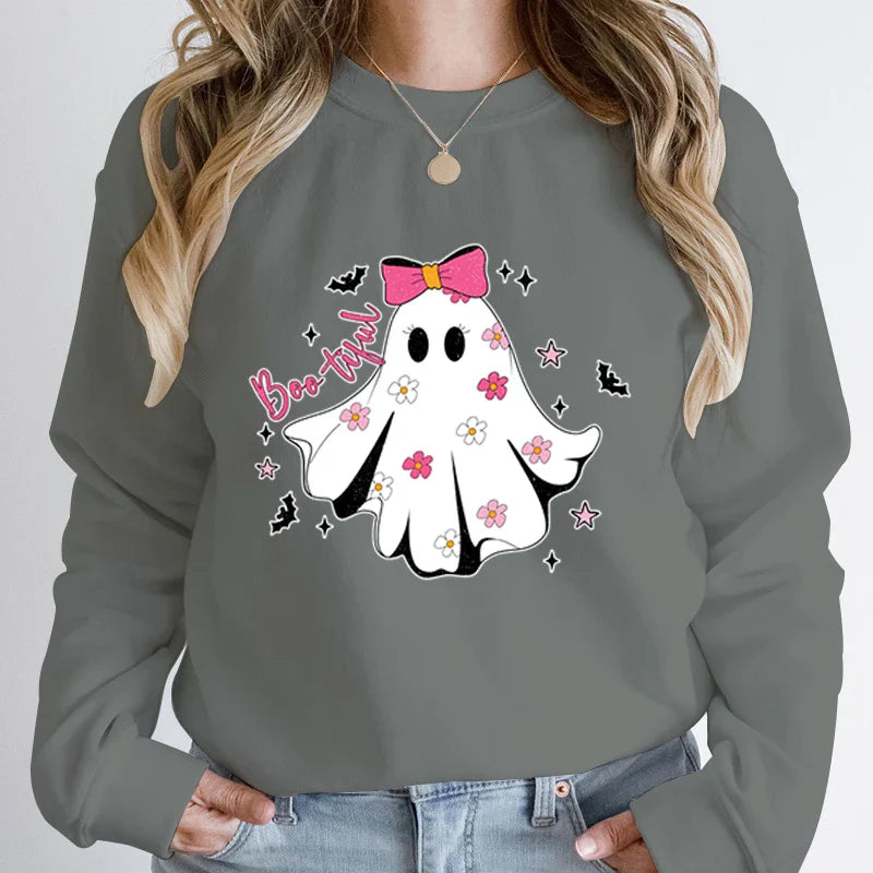 Festive Pullover Sweatshirts- Cute Halloween Ghost Print Sweatshirt - Spooky & Sweet- Multicolor- IndioGear.com