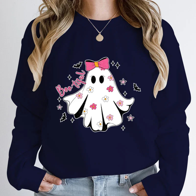 Festive Pullover Sweatshirts- Cute Halloween Ghost Print Sweatshirt - Spooky & Sweet- Deep Blue- IndioGear.com