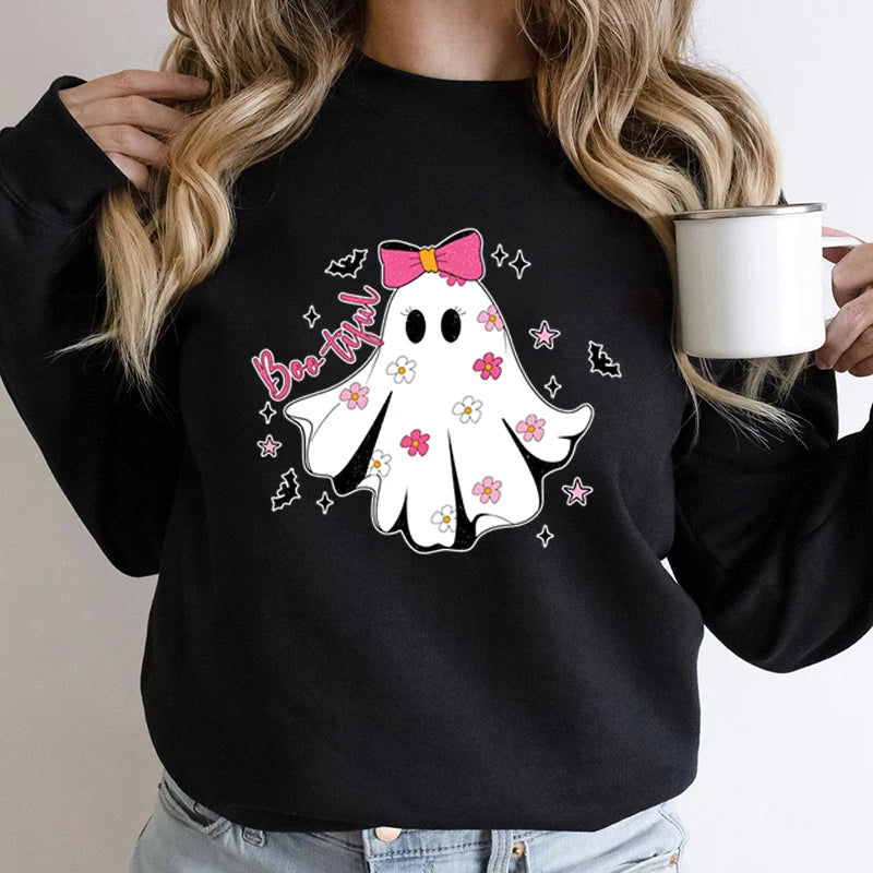 Festive Pullover Sweatshirts- Cute Halloween Ghost Print Sweatshirt - Spooky & Sweet- - IndioGear.com