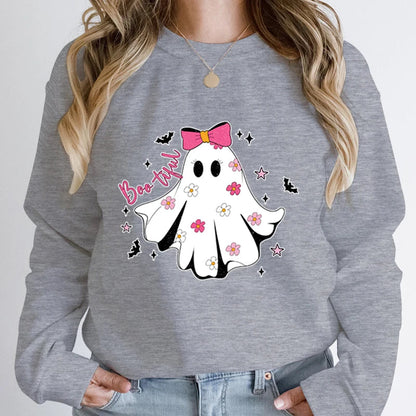 Festive Pullover Sweatshirts- Cute Halloween Ghost Print Sweatshirt - Spooky & Sweet- Gray- IndioGear.com