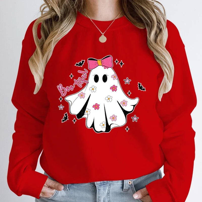 Festive Pullover Sweatshirts- Cute Halloween Ghost Print Sweatshirt - Spooky & Sweet- Red- IndioGear.com