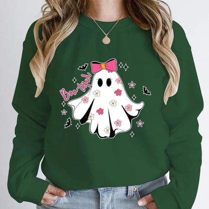 Festive Pullover Sweatshirts- Cute Halloween Ghost Print Sweatshirt - Spooky & Sweet- Army green- IndioGear.com