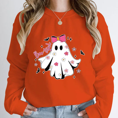 Festive Pullover Sweatshirts- Cute Halloween Ghost Print Sweatshirt - Spooky & Sweet- Orange- IndioGear.com