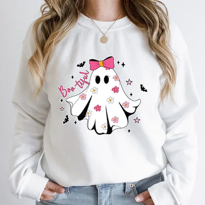 Festive Pullover Sweatshirts- Cute Halloween Ghost Print Sweatshirt - Spooky & Sweet- White- IndioGear.com