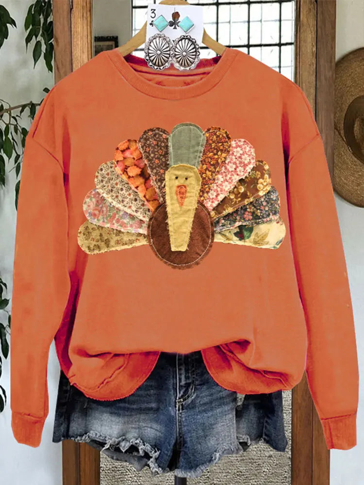 Festive Pullover Sweatshirts- Orange Thanksgiving Turkey Print Patch Pullover- - IndioGear.com