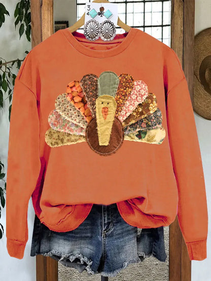 Festive Pullover Sweatshirts- Orange Thanksgiving Turkey Print Patch Pullover- - IndioGear.com