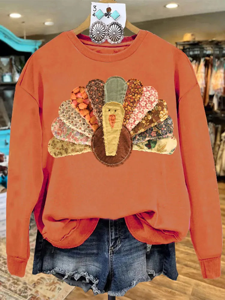 Festive Pullover Sweatshirts- Orange Thanksgiving Turkey Print Patch Pullover- - IndioGear.com